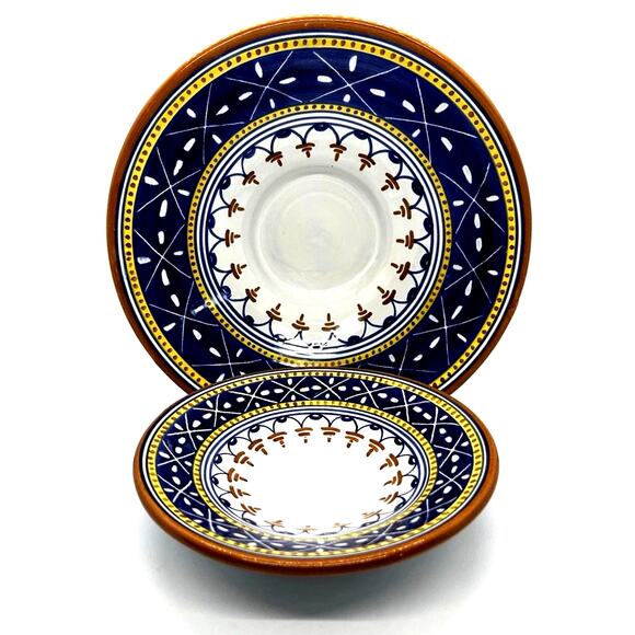 Italian Hand Painted Footed Serving Dish bowls Set Of 2 Geometric Yellow Blue - Picture 1 of 11